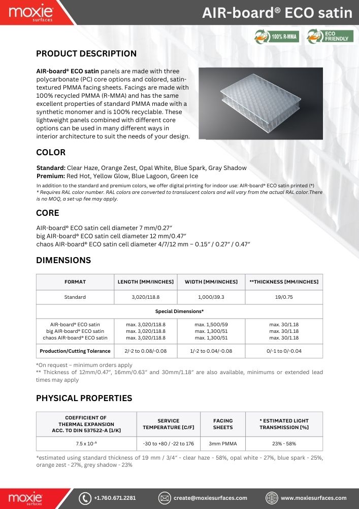 Moxie Surfaces - AIR board ECO satin data sheet