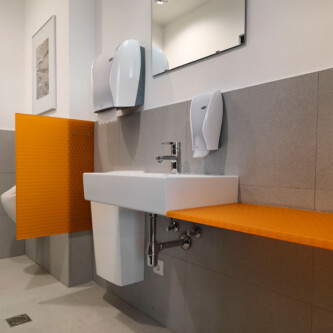 clear-PEP satin orange urinal partition clear-PEP satin orange urinal partition